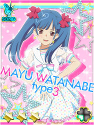 1girl :d akb0048 blue_hair bow bowtie brown_eyes card_(medium) center-flap_bangs character_name cowboy_shot drop_shadow earrings frilled_skirt frills hair_bow hands_on_own_hips heart heart_earrings jewelry long_hair looking_at_viewer multicolored_bow multicolored_bowtie non-web_source official_art open_mouth pink_background polka_dot polka_dot_skirt red_bow sailor_collar see-through_clothes see-through_sleeves shirt short_sleeves skirt smile solo standing star_(symbol) straight-on striped_bow striped_bowtie striped_clothes treble_clef twintails watanabe_mayu_(akb0048) white_sailor_collar white_shirt