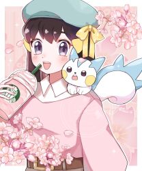 1girl belt black_hair blue_eyes blush collared_shirt dawn_(pokemon) gen_4_pokemon hair_ornament hairclip hat highres holding long_hair looking_at_viewer nemui_o23 nintendo official_alternate_costume open_mouth pachirisu pink_sweater pokemon pokemon_(creature) pokemon_bdsp ribbon shirt smile starbucks sweater yellow_ribbon