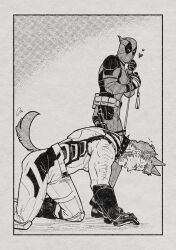 2boys absurdres all_fours anger_vein animal_ears arm_hair azuko_(@zuco) beard belt blush collar deadpool deadpool_&amp;_wolverine deadpool_(series) dog_boy dog_ears dog_tail facial_hair gloves heart highres leash leash_pull male_focus marvel marvel_cinematic_universe multiple_boys muscular muscular_male pectorals short_hair signature sleeveless spiked_collar spikes standing superhero_costume tail utility_belt wolverine_(x-men) x-men yaoi