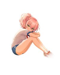 1girl buruma gym_uniform idolmaster idolmaster_cinderella_girls jougasaki_mika official_art pink_hair semi-transparent side_ponytail smile solo transparent_background yellow_eyes