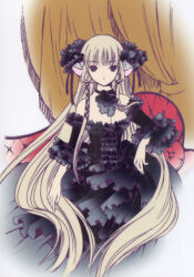 00s 1girl black_dress blonde_hair breasts chobits clamp cleavage dress freya_(chobits) highres long_hair looking_at_viewer medium_breasts official_art postcard_(medium) solo very_long_hair