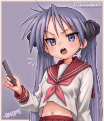 1girl artist_name border commentary controller english_commentary fanbox_username highres hiiragi_kagami holding holding_remote_control long_hair lucky_star navel neckerchief open_mouth outside_border purple_eyes purple_hair rahime red_neckerchief red_sailor_collar red_skirt remote_control sailor_collar sailor_shirt shirt skirt solo standing teeth upper_body upper_teeth_only v-shaped_eyebrows watermark web_address white_border white_shirt