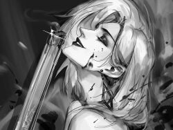 Rule 34 | 1girl, adam&#039;s apple, bare shoulders, blood, blood on face, blood on neck, blood splatter, closed eyes, curtained hair, earrings, eyeshadow, facing up, floating earrings, forehead, from side, greyscale, gun, handgun, head back, head tattoo, highres, jewelry, ke laoye, langley (path to nowhere), lips, makeup, medium hair, monochrome, parted lips, path to nowhere, portrait, profile, smile, solo, weapon