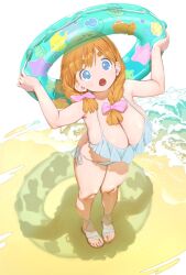 1girl :o arms_up bare_arms bare_shoulders beach bikini blue_eyes borrowed_character bow braid breasts bright_pupils cleavage commentary_request dot_nose frilled_bikini frills from_above full_body hair_bow highres holding holding_swim_ring innertube large_breasts legs_together long_hair lower_teeth_only mamorunokoto maria_(conto) open_mouth orange_hair original outdoors pink_bow sand sandals side-tie_bikini_bottom solo standing swim_ring swimsuit teeth thick_eyebrows twin_braids water white_bikini white_pupils white_sandals