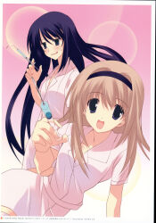 Rule 34 | 2000s (style), 2010, 2girls, absurdres, aoi sena, black hairband, blonde hair, blurry, blush, bokeh, breasts, chaos;head, collarbone, dated, depth of field, dress, hair over breasts, hairband, hat, highres, holding, holding syringe, long hair, looking at object, looking at viewer, miniskirt, multiple girls, nervous sweating, nishijou nanami, non-web source, nurse, nurse cap, official art, open collar, open mouth, pink background, purple eyes, purple hair, sasaki mutsumi, scan, short sleeves, skirt, smile, sweat, sweatdrop, syringe, thighs