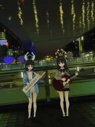 2girls airi_(band)_(blue_archive) airi_(blue_archive) black_hair black_shoes black_skirt blue_archive blue_jacket bow bridge brown_hair cardigan closed_mouth diagonal-striped_bow dutch_angle film_grain green_bow green_cardigan green_eyes guitar highres instrument jacket keyboard_(instrument) kneehighs long_hair looking_at_another multiple_girls music night nkymyura official_alternate_costume open_mouth parted_bangs pedestrian_bridge playing_instrument pleated_skirt school_uniform shirt shoes sidelocks skirt smile socks tsumugi_(blue_archive) under_bridge white_shirt white_skirt white_socks