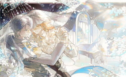 2boys absurdres aiguillette alternate_costume antenna_hair ascot black_pants blonde_hair blue_eyes braid chinese_commentary closed_eyes collared_shirt commentary_request facial_tattoo frilled_shirt frills gloves gradient_hair hair_between_eyes hand_on_another&#039;s_waist highres holding_hands honkai:_star_rail honkai_(series) instrument iron_hailai jacket long_sleeves male_focus medium_hair multicolored_hair multiple_boys music musical_note mydei_(honkai:_star_rail) pants phainon_(honkai:_star_rail) piano playing_instrument playing_piano red_hair red_tattoo shirt short_hair side_braid tattoo veil white_ascot white_gloves white_hair white_jacket white_pants white_shirt white_veil yaoi