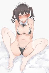 1girl absurdres bikini black_bikini black_hair black_ribbon blush breasts breasts_apart detached_collar earrings frilled_bikini frills highres idolmaster idolmaster_cinderella_girls jewelry looking_at_viewer m_legs maid maid_bikini maid_headdress medium_breasts mole mole_under_eye navel neck_ribbon nose_blush ribbon sitting skindentation solo stomach stud_earrings sunazuka_akira swimsuit thighhighs twintails unconventional_maid wasabijoyu76 white_thighhighs