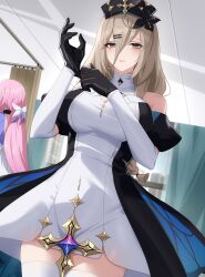 2girls absurdres adjusting_clothes adjusting_gloves aponia black_dress black_gloves black_hat blonde_hair blue_eyes breasts cleavage cowboy_shot dress elysia_(honkai_impact) gloves hair_between_eyes hair_ornament hairclip hat highres honkai_(series) honkai_impact_3rd indoors infirmary large_breasts light_blush long_hair looking_at_viewer missing_commentary multiple_girls no_pupils nurse official_alternate_costume parallel_hairclips parted_lips pink_hair solo_focus thighhighs thighs white_dress white_thighhighs wu_ganlan_cai