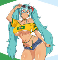 Rule 34 | bare shoulders, blue shorts, brazilian miku, breasts, cowboy shot, denim, denim shorts, hand up, hatsune miku, highres, huge breasts, long hair, navel, parted lips, shorts, sunglasses, tan, twintails, underboob, very long hair, vocaloid, zatsu