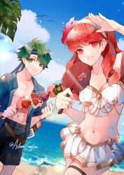 Rule 34 | 1boy, 1girl, abs, alm (fire emblem), alternate costume, bandana, beach, bikini, bird, blue jacket, blue shorts, blue sky, breasts, celica (fire emblem), cloud, cloudy sky, couple, creyton, fire emblem, fire emblem echoes: shadows of valentia, flower, food, green eyes, green hair, hair flower, hair ornament, hand fan, hetero, highres, holding, holding fan, holding food, jacket, long hair, male swimwear, meat, medium breasts, midriff, navel, nintendo, orange eyes, orange hair, palm leaf, palm tree, prince, princess, red eyes, red hair, sand, seagull, short hair, shorts, skirt, sky, stomach, summer, swim trunks, swimsuit, tiara, tree, water, white bikini, white skirt