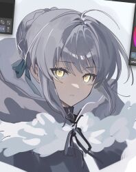 Rule 34 | 1girl, ahoge, art program in frame, black cape, bow, bun with braided base, cape, clip studio paint (medium), fate (series), fur-trimmed cape, fur trim, gray (fate), green bow, grey hair, hair bow, hair bun, highres, looking at viewer, lord el-melloi ii case files, parted lips, portrait, short hair, sidelocks, simple background, single hair bun, solo, tokoni fusu, white background, yellow eyes