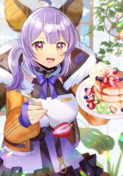 1girl :d ahoge animal_ears bat_ears bat_girl bat_wings blueberry blurry blurry_background blush bow breasts character_request check_character commentary_request commission depth_of_field dress fingerless_gloves food fork frilled_dress frills fruit fur-trimmed_jacket fur_trim gloves hair_between_eyes hanging_plant holding holding_fork holding_plate indie_virtual_youtuber indoors jacket kou_hiyoyo long_hair long_sleeves looking_at_viewer medium_breasts miyako_echo open_clothes open_jacket open_mouth orange_jacket pancake pancake_stack plate puffy_long_sleeves puffy_sleeves purple_bow purple_eyes purple_gloves purple_hair side_ponytail skeb_commission smile solo star_(symbol) strawberry virtual_youtuber white_dress window wings