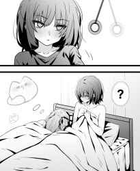 2girls ? blush cat commentary greyscale hypnosis indoors lwmina70119 medium_hair mind_control miyagi_shiori monochrome multiple_girls nude on_bed parted_lips pillow sendai_hazuki shuuniichido_classmate_wo_kau_hanashi spoken_question_mark sweatdrop under_covers yuri