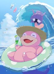 Rule 34 | animal focus, bird, blue sky, closed eyes, cup, drinking straw, fangs, flying, gen 1 pokemon, gen 3 pokemon, glass, hat, highres, holding, holding cup, innertube, nintendo, no humans, ocean, open mouth, outdoors, pelican, pelipper, pokemon, pokemon (creature), pokemon focus, shellder, sky, slowpoke, smile, straw hat, sun hat, surfboard, swim ring, tail, tatsumi (panneko), tongue, tongue out, water, waves, waving, wings, wingull