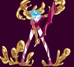 1other 6hours_(fancycars) androgynous blue_hair commentary_request crystal_hair gem_uniform_(houseki_no_kuni) gold golden_arms houseki_no_kuni leaning_forward looking_at_viewer necktie other_focus phosphophyllite puffy_short_sleeves puffy_sleeves purple_background red_necktie red_shirt shirt short_hair short_sleeves shorts solo sword weapon