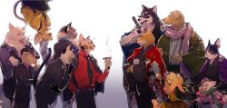 6+boys 720_72 animalization arms_up black_coat black_gloves black_headwear black_jacket black_kimono black_necktie black_pants blue_coat blue_shirt calico cat cat_boy cigar closed_eyes clothes_grab coat collared_shirt cowboy_shot crossed_arms curious dog dog_boy dress_shirt dual_persona excited fedora fighting_stance floral_print formal_clothes furry furry_male gloves gradient_background green_scarf green_shirt hand_in_pocket hand_on_own_chin hand_up hands_in_opposite_sleeves hands_up haori haori_himo hat holding holding_cigar jacket japanese_clothes katana kimono licking licking_hand long_sleeves looking_at_another mafia male_focus matsuno_choromatsu matsuno_ichimatsu matsuno_jyushimatsu matsuno_karamatsu matsuno_osomatsu matsuno_todomatsu multiple_boys necktie obi open_mouth opposing_sides osomatsu-kun osomatsu-san osomatsu_(series) pants parted_lips pink_coat pink_scarf pink_shirt profile pulling pulling_back purple_coat purple_shirt ready_to_draw red_coat red_shirt running sash scarf shirt smile smirk smoke standing stroking_own_chin suit sunglasses suspenders sweatdrop sword upside-down weapon white_background wide_sleeves yakuza yellow_kimono yellow_shirt