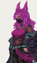 1girl absurdres alternate_costume animal_ears artist_name belt black_jacket black_pants black_shirt breasts covered_navel cowboy_shot crop_top from_side green_belt highres jacket large_breasts league_of_legends long_hair long_sleeves mask miela_(mielaink) mouth_mask pants pink_hair profile red_hair shirt simple_background solo white_background xayah