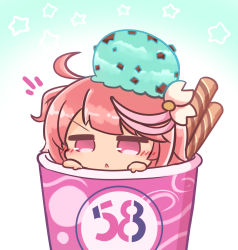 1girl ahoge asimo953 baskin-robbins blush chestnut_mouth chibi commentary_request cup dessert female_focus food food_on_head hair_between_eyes hair_ornament highres i-58_(kancolle) ice_cream in_container in_cup in_food kantai_collection looking_at_viewer object_on_head peeking_out pink_eyes pink_hair short_hair simple_background solo