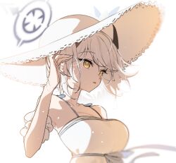 1girl arm_garter black_horns bloom blue_archive blue_ribbon blurry breasts cleavage commentary dandandanholo dress dress_ribbon expressionless floating_hair flower grey_halo halo hand_up hat hat_flower horns large_breasts light_particles official_alternate_costume portrait ribbon sena_(blue_archive) sena_(casual)_(blue_archive) short_hair sidelighting simple_background sleeveless sleeveless_dress solo spaghetti_strap sun_hat sundress tucking_hair underbust variant_set white_background white_dress white_hair white_hat yellow_eyes