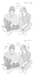 004s_4 2boys blush broken_heart genshin_impact greyscale heart image_sample japanese_text monochrome multiple_boys pixiv pixiv_sample sitting speech_bubble tartaglia_(genshin_impact) white_background yaoi zhongli_(genshin_impact)