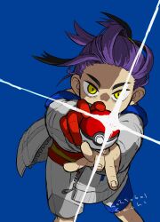 1boy absurdres black_hair blue_background commentary dated gloves highres holding holding_poke_ball hood hood_down hooded_jacket jacket kieran_(pokemon) looking_at_viewer male_focus mixed-language_commentary multicolored_hair nintendo open_clothes open_jacket outstretched_arms poke_ball poke_ball_(basic) pokemon pokemon_sv purple_hair reaching reaching_towards_viewer sachi_achi sanpaku shirt shorts simple_background single_glove solo standing unzipped white_jacket yellow_eyes zipper zipper_pull_tab
