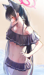 Rule 34 | 1girl, animal ear fluff, animal ears, bare shoulders, bikini, black bikini, blue archive, blue ribbon, blush, cat ears, cat girl, fang, frilled bikini, frills, fujiwara haru (nekonote), hair ribbon, hand on own hip, highres, long hair, looking at viewer, navel, open mouth, red eyes, ribbon, serika (blue archive), serika (swimsuit) (blue archive), sidelocks, skin fang, solo, stomach, swimsuit, twintails, very long hair