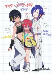 1boy 2girls aged_up amate_yuzuriha aqua_eyes arrow_(symbol) artist_name black_hair blue_hair blush closed_eyes colored_inner_hair commentary_request denim denim_shorts gundam gundam_gquuuuuux hasu_175 heart highres holding jacket long_hair long_sleeves multicolored_hair multiple_girls nyaan_(gundam_gquuuuuux) open_clothes open_jacket open_mouth pants ponytail purple_hair red_hair shirt short_hair shorts shuji_ito smile sweatdrop translation_request twitter_username two-tone_hair v white_shirt yellow_eyes