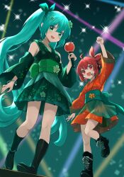 Rule 34 | 2girls, absurdres, alternate costume, aqua eyes, aqua flower, aqua hair, aqua kimono, aqua ribbon, arm up, black boots, boots, clenched hand, commentary request, drill hair, flower, hair between eyes, hair flower, hair ornament, hair ribbon, hanringo5, hatsune miku, headphones, headset, highres, holding, japanese clothes, kasane teto, kimono, lace-up boots, leg up, long hair, long sleeves, microphone, multiple girls, obi, red eyes, red hair, red kimono, ribbon, sash, shoelaces, standing, standing on one leg, teeth, twin drills, upper teeth only, utau, very long hair, vocaloid