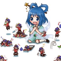 &gt;_&lt; 6+girls belt beret blue_dress blue_eyes blue_hair blush child clone closed_eyes dress drooling egg fangs female_focus gameplay_mechanics girl_on_top hair_ornament hair_rings hair_stick hat hozenkakari jiangshi jumping kaku_seiga knife lowres magic:_the_gathering mario_(series) mini_person minigirl miyako_yoshika multiple_girls multiple_persona nintendo o_o ofuda open_mouth outstretched_arms shawl sitting sleeping thighhighs throwing_knife touhou vest weapon yoshi zettai_ryouiki zombie_pose
