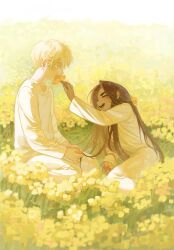 1boy 1girl alien_stage blonde_hair bolihuagang brown_hair closed_eyes colored_eyelashes covering_another&#039;s_mouth dark-skinned_female dark_skin flower flower_over_mouth grass hair_flower hair_ornament happy highres holding holding_another&#039;s_hair holding_flower hyuna_(alien_stage) long_hair long_sleeves looking_at_another luka_(alien_stage) on_grass open_mouth outdoors pale_skin pants shirt short_hair sitting smile thick_eyebrows white_pants white_shirt yellow_eyes yellow_flower