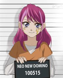1girl alternate_hairstyle autumn-sacura blue_eyes facial_mark female_focus height_chart hiiragi_yuzu holding holding_sign mugshot official_style pink_hair placard prison_clothes sign smile solo upper_body yu-gi-oh! yu-gi-oh!_arc-v
