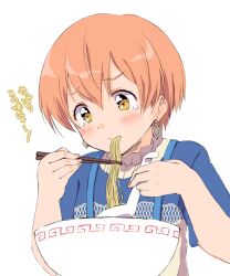 1girl blue_shirt blush bowl chopsticks earrings eating food highres holding holding_chopsticks holding_spoon hoshizora_rin jewelry love_live! love_live!_school_idol_project noodles orange_hair ramen sen_(sen0910) shirt short_hair short_sleeves simple_background solo spoon tears translation_request white_background yellow_eyes