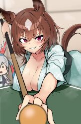 Rule 34 | 2girls, akizuki shigure, animal ears, ball, breast rest, breasts, cleavage, green kimono, highres, horse ears, horse girl, horse tail, japanese clothes, kimono, large breasts, looking at viewer, multiple girls, pool table, red eyes, sirius symboli (umamusume), smile, table, table tennis, table tennis ball, tail, tamamo cross (umamusume), translation request, umamusume