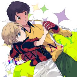 10s 2boys aoto_gonzales_takuma blue_eyes brown_eyes brown_hair camelot dancing ginga_e_kickoff!! gloves male_focus multiple_boys purple_hair short_hair shorts soccer soccer_uniform sportswear sugiyama_tagi white_background