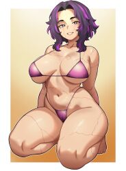 1girl arms_behind_back bare_shoulders barefoot bikini boku_no_hero_academia border breasts breasts_apart bright_pupils cameltoe evoltodraw full_body gradient_background highleg highleg_bikini highres kneeling lady_nagant large_breasts looking_at_viewer medium_hair multicolored_hair navel parted_lips purple_bikini purple_eyes purple_hair scar scar_on_arm scar_on_chest scar_on_face scar_on_leg scar_on_stomach sidelocks smile solo stomach streaked_hair swimsuit white_border white_pupils yellow_background