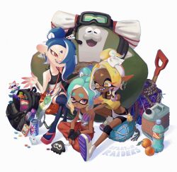 3girls backpack bag bare_arms bare_shoulders big_man_(splatoon) big_man_(splatoon_raiders) black_bra black_gloves black_shorts blonde_hair blue_hair blue_thighhighs bow bow_hairband bra breasts can chest_sarashi collarbone colored_extremities colored_eyelashes colored_tongue copyright_name crop_top cross-shaped_pupils dark-skinned_female dark_skin drink_can earrings fangs fingerless_gloves frye_(splatoon) frye_(splatoon_raiders) full_body gloves gradient_hair hair_bow hair_bun hair_over_one_eye hairband head_tilt highres inkling inkling_girl inkling_player_character jewelry ka1_(k4k37) knee_pads long_eyelashes long_pointy_ears mechanic_(splatoon_raiders) medium_hair midriff miniskirt multicolored_hair multiple_girls navel nintendo octoling off-shoulder_shirt off_shoulder official_alternate_costume one_eye_covered open_mouth pants parted_bangs plastic_bottle pointy_ears ponytail purple_hair purple_tongue red_eyes red_pants red_sandals sandals sarashi shirt shiver_(splatoon) shiver_(splatoon_raiders) shorts shorts_under_skirt single_hair_bun single_knee_pad sitting skirt small_breasts smile socks splatoon_(series) splatoon_raiders symbol-shaped_pupils tentacle_hair thighhighs tied_shirt toeless_socks underwear unworn_bag white_background white_bow white_hairband white_sandals white_shirt white_skirt white_socks yellow_eyes yellow_shirt