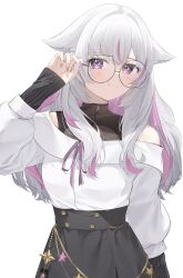 Rule 34 | 1girl, absurdres, adjusting eyewear, animal ear fluff, animal ears, black-framed eyewear, black shirt, black skirt, black sleeves, cat-shaped eyewear, cat ears, cat girl, colored inner hair, cowboy shot, ears down, glasses, hand up, high-waist skirt, highres, hojitya03, indie virtual youtuber, light blush, long hair, looking at viewer, mishiro mao, multicolored hair, off-shoulder sweater, off shoulder, purple eyes, purple hair, purple nails, shirt, skirt, sleeveless, sleeveless shirt, solo, star pendant, streaked hair, sweater, taut clothes, taut shirt, turtleneck, turtleneck shirt, virtual youtuber, wallet chain, white background, white hair, white sweater, zipper, zipper pull tab