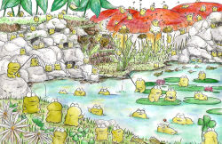 :3 absurdres afloat bug butterfly dandelion dandelion_seed day fishing fishing_rod flower food frog grass highres holding holding_fishing_rod insect leaf lily_pad lotus mushroom nature no_humans on_mushroom on_rock onigiri original outdoors painting_(medium) pink_flower pond rock silent-frog sitting_on_mushroom swimming traditional_media water water_lily_flower watercolor_(medium)