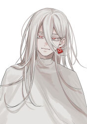 1boy albino closed_mouth colored_skin ear_tag hair_behind_ear hair_between_eyes ishida_umi long_hair long_hair_between_eyes male_focus original red_eyes robe solo upper_body white_background white_hair white_robe white_skin