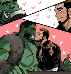 2boys bara bare_pectorals beard blush colored_skin dopey_(dopq) facial_hair fangs fantasy french_kiss from_side green_skin heart highres interspecies kiss large_pectorals male_focus mature_male monster_boy multiple_boys muscular muscular_male orc original paid_reward_available pectorals pointy_ears scar scar_across_eye scar_on_chest scar_on_face scar_on_nose short_hair size_difference thick_eyebrows upper_body warrior yaoi