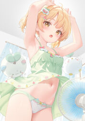 1girl armpits arms_up blonde_hair breasts commentary_request curtains dress electric_fan fang fanning_self green_dress green_panties highres indoors looking_at_viewer navel open_mouth original paid_reward_available panties rebun short_hair skin_fang small_breasts solo twintails underwear yellow_eyes