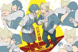 2girls :d ^_^ bandaid bandaid_on_face blonde_hair blue_hair blue_skirt clenched_hand closed_eyes collared_shirt commentary_request cone_hair_bun double_bun face-to-face frilled_shirt frilled_sleeves frills fukurai_azami full_body gloves hair_bun hands_on_another&#039;s_face highres hug jasmine_(toshi_densetsu_kaitai_center) leaning_forward long_sleeves looking_at_another multiple_girls multiple_views open_mouth partially_fingerless_gloves pleated_skirt shirt short_hair skirt smile standing toshi_densetsu_kaitai_center translation_request xinhao