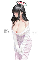 1girl absurdres astelia bare_shoulders black_hair blue_archive blush breasts cleavage earrings halo highres jewelry large_breasts long_hair long_skirt necklace off_shoulder photo-referenced red_eyes ringed_eyes rio_(blue_archive) simple_background skirt sleeves_past_fingers sleeves_past_wrists solo white_background