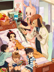 3boys 3girls animal_costume animal_head antenna_hair apple apple972 ascot banana barefoot basket bed blanket book bow brown_eyes brown_hair child chips_(food) chocolate clipboard doctor dog_costume doorway food fruit hair_bow hand_puppet hospital hospital_bed intravenous_drip inzup juice kneehighs light_brown_hair looking_at_another looking_away lying medical monitor multiple_boys multiple_girls necktie nurse on_back open_book open_mouth orange_(fruit) original pajamas pillow polka_dot poster_(medium) poster_(object) privacy_screen puppet rabbit_costume reading scared shirt short_hair shorts sitting smile socks striped_clothes striped_shirt thighhighs trash_can white_thighhighs zettai_ryouiki