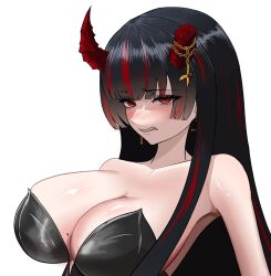 asymmetrical_horns black_hair bluejump breasts broken_horn broken_horns chain cross cross_earrings demon_horns earrings fangs highres horns jegal_geumja jewelry large_breasts leotard long_hair mole mole_on_breast multicolored_hair playboy_bunny red_eyes red_hair slit_pupils tatsuto_(vhrd8737) white_background