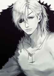1boy absurdres collarbone commentary_request dimitri_alexandre_blaiddyd dimitri_alexandre_blaiddyd_(timeskip) eyepatch fire_emblem fire_emblem:_three_houses hair_between_eyes hair_up highres long_sleeves looking_at_viewer male_focus nintendo one_eye_covered parted_bangs parted_hair s3junk shirt side_ponytail simple_background solo teeth upper_body white_background