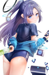 1girl arm_behind_back ass black_buruma black_halo black_shirt blue_archive blue_eyes blue_jacket blush bottle buruma c.u.wa closed_mouth commentary cowboy_shot drone dutch_angle floating_hair from_behind gym_shirt gym_uniform hair_between_eyes half_updo halo hand_up heart highres holding holding_bottle holding_phone id_card jacket jacket_partially_removed long_hair long_sleeves looking_at_viewer looking_back mechanical_halo millennium_science_school_logo official_alternate_costume official_alternate_hairstyle open_clothes open_jacket paid_reward_available phone pixel_heart ponytail purple_hair shirt short_ponytail sidelocks simple_background smile solo star_sticker sticker_on_face straight_hair track_jacket very_long_hair water_bottle white_background yuuka_(blue_archive) yuuka_(track)_(blue_archive)