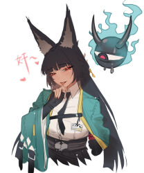 agaver123 animal_ears black_gloves black_hair black_necktie black_skirt blue_jacket collared_shirt fingerless_gloves fox_ears fox_girl gloves hoshimi_miyabi jacket long_hair looking_at_viewer necktie pointy_ears red_eyes shirt skirt smile solo tailless_(zenless_zone_zero) tongue tongue_out very_long_hair white_shirt zenless_zone_zero