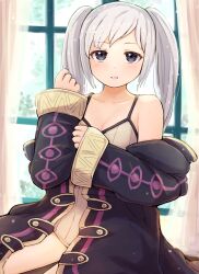 1girl black_robe blush breasts brown_eyes cleavage collarbone commentary_request female_robin_(fire_emblem) fire_emblem fire_emblem_awakening highres indoors kutabireta_neko long_hair long_sleeves looking_at_viewer medium_breasts nintendo open_clothes open_robe parted_lips robe sitting smile solo twintails white_hair window